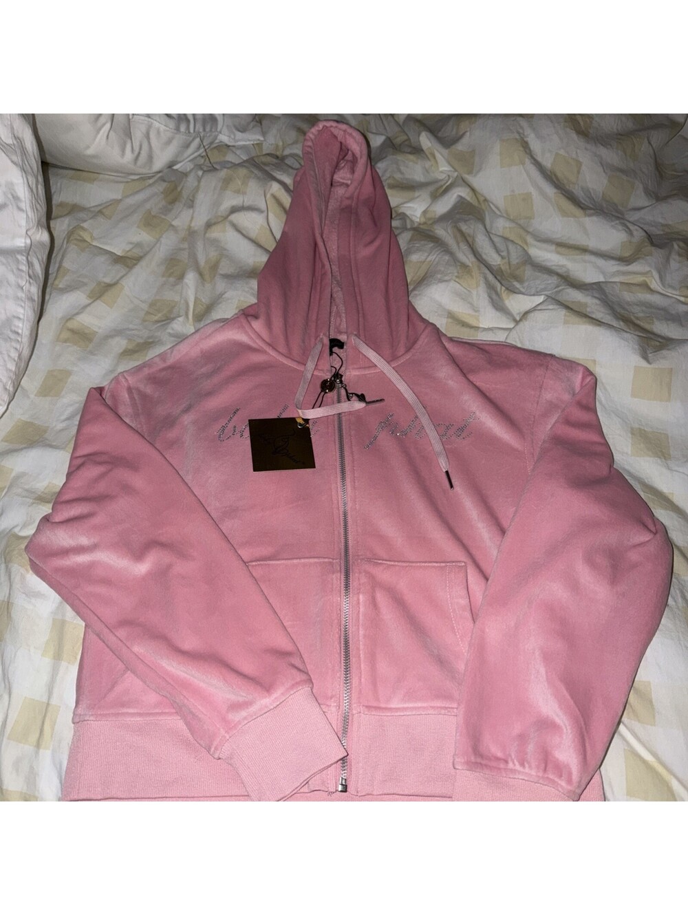 Baby Phat Pink Rhinestone Logo Soft Velvet Zip Up Hoodie Women’s Y2K Bling